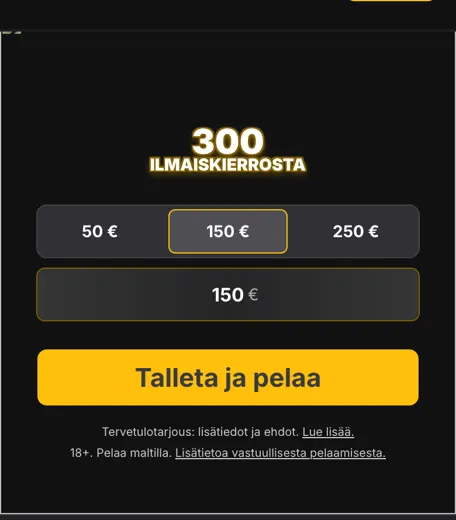 Etusivu puhelimella: talletuksen pikavalinnat 50, 150 ja 250 €