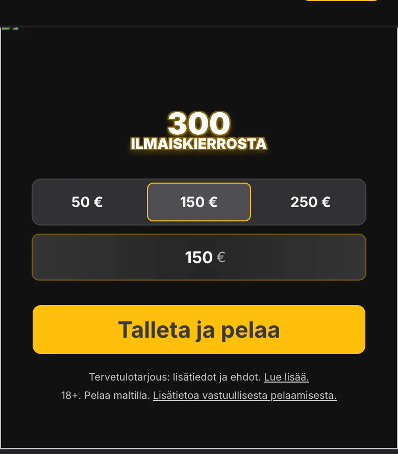 Etusivu puhelimella: talletuksen pikavalinnat 50, 150 ja 250 €