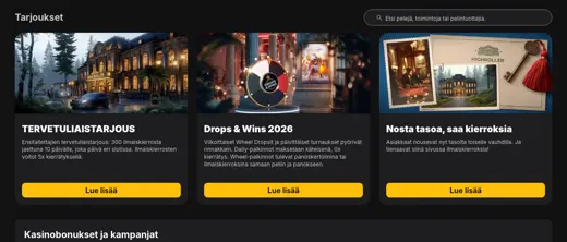 Kampanjasivu: tervetuliaistarjous, Drops & Wins 2026 ja Nosta tasoa