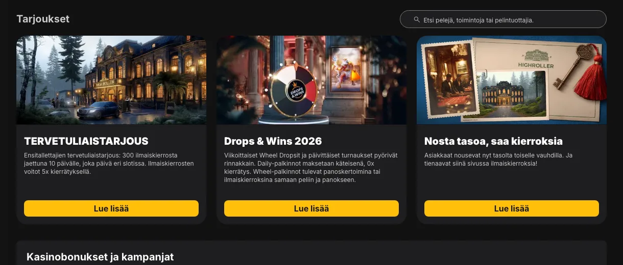 Kampanjasivu: tervetuliaistarjous, Drops & Wins 2026 ja Nosta tasoa